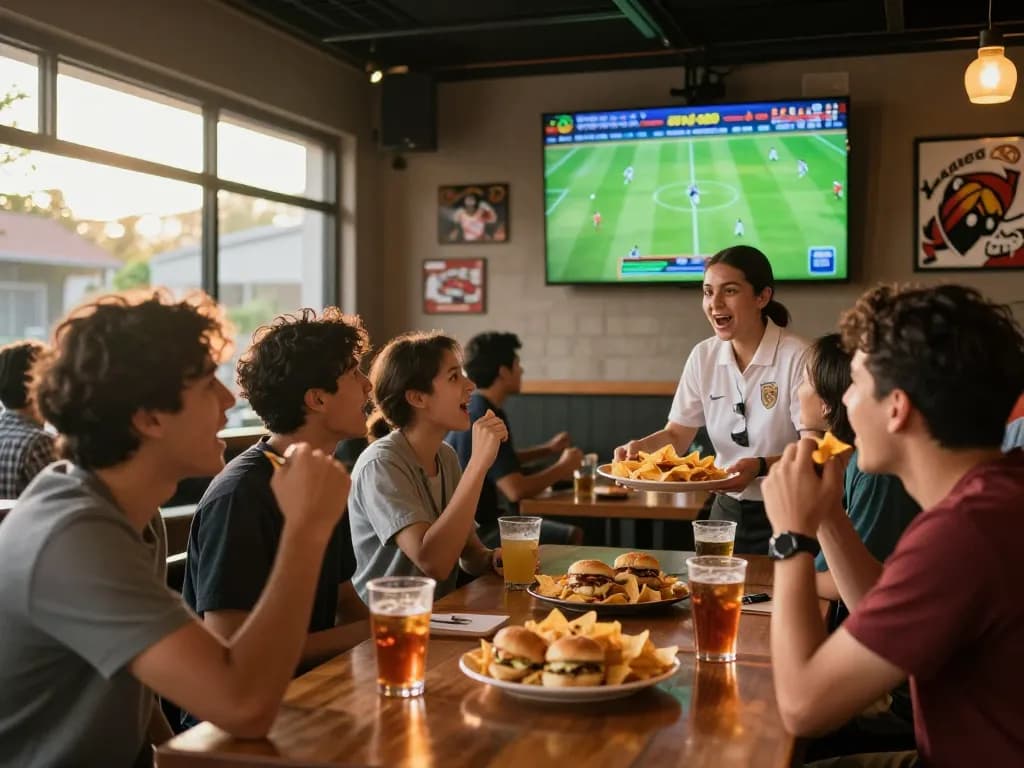 Excited group enjoying Judi Bola at a sports bar during a football match