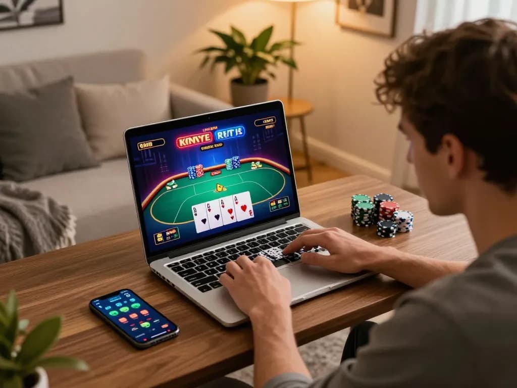 Engaging player enjoying HM88 online poker game on a laptop with vibrant graphics.