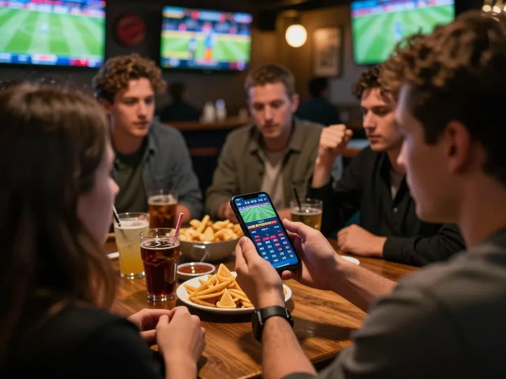 Cakhiatv user actively placing a sports bet on mobile app in a lively bar with friends, highlighting social gaming experience.