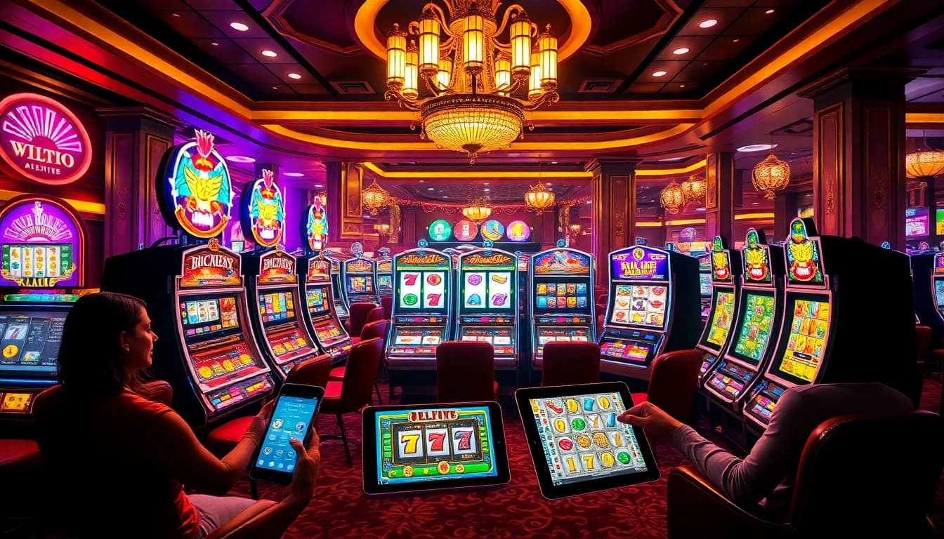 Spinning winning reels at Slot Online with vibrant slot machines in a luxurious casino atmosphere.