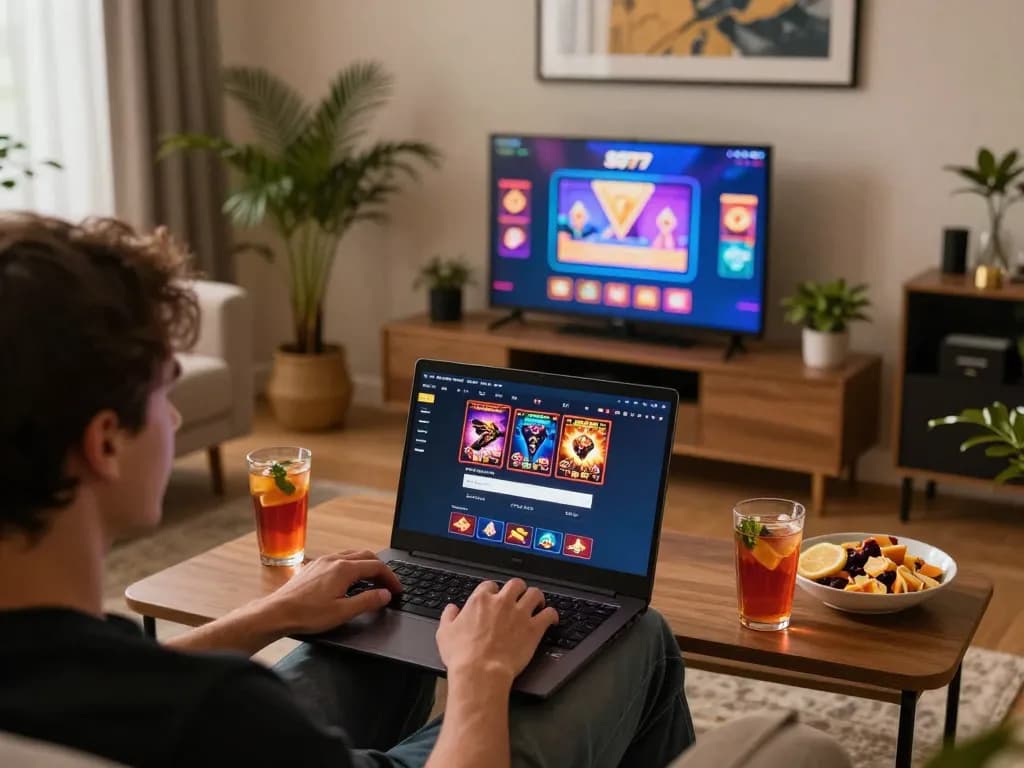 Accessing sg777 login on a laptop for online casino games in a cozy living room.