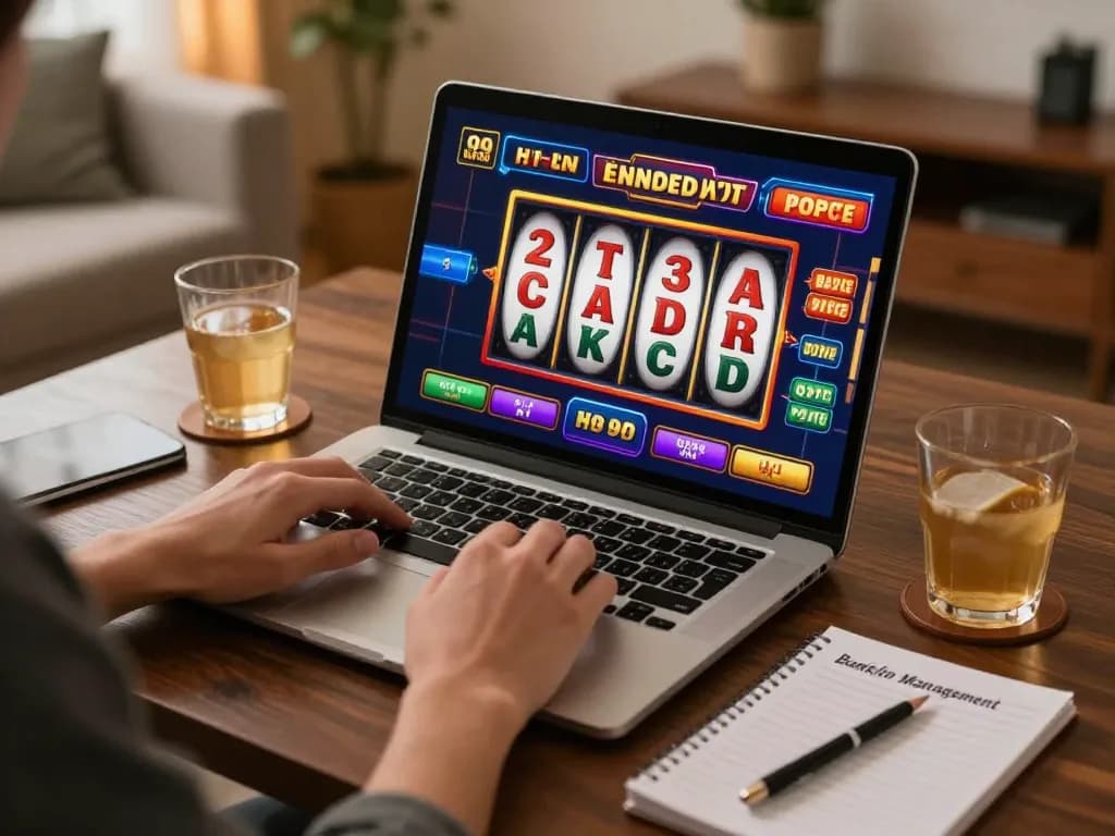 Pemain menikmati slot JUS77 dengan antarmuka yang cerah dan catatan bankroll strategis di suasana yang nyaman