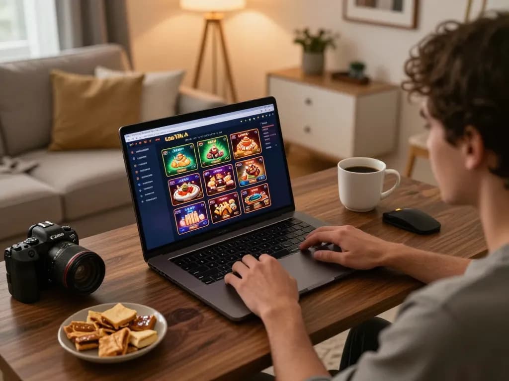 Engaged player strategizing on lc88vina online casino platform in a cozy home setup