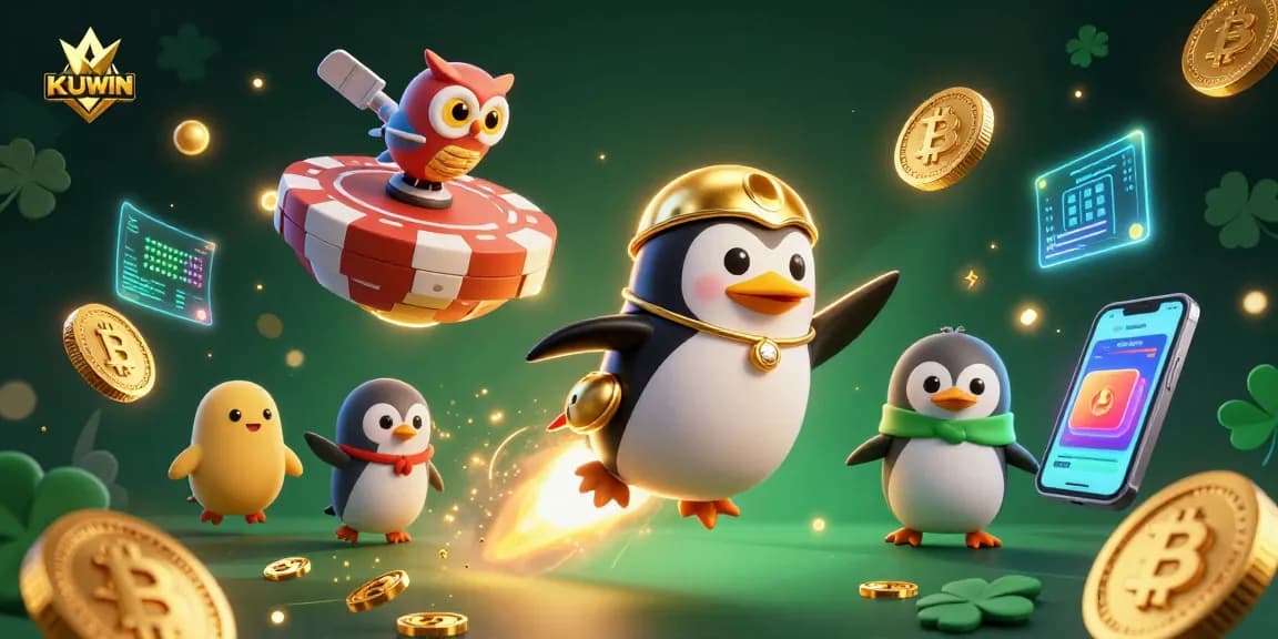 Embrace KUWIN's thrilling games with a golden penguin exploring a vibrant casino universe.