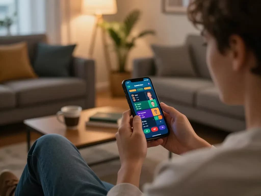 JUN88 user placing bets on a smartphone in a cozy home setting during evening.