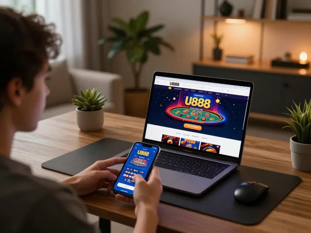 U888 casino interface displayed on laptop while player engages in strategic online gaming.