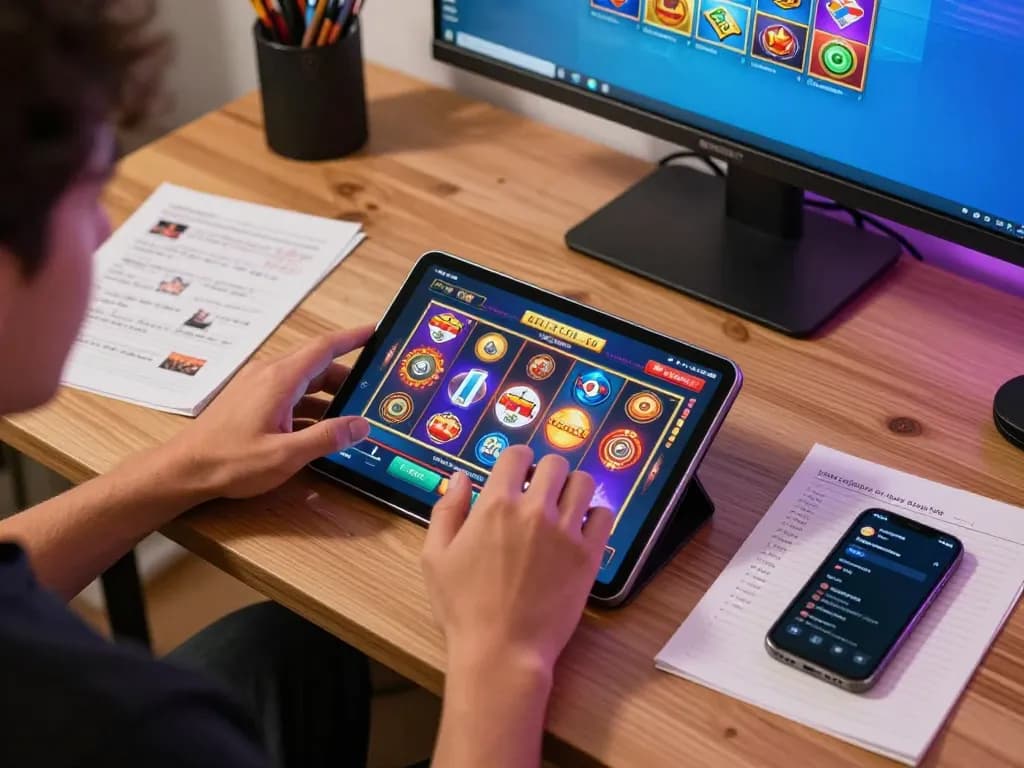 Engaging in slot gacor gameplay on a tablet, highlighting vibrant online gambling strategy.