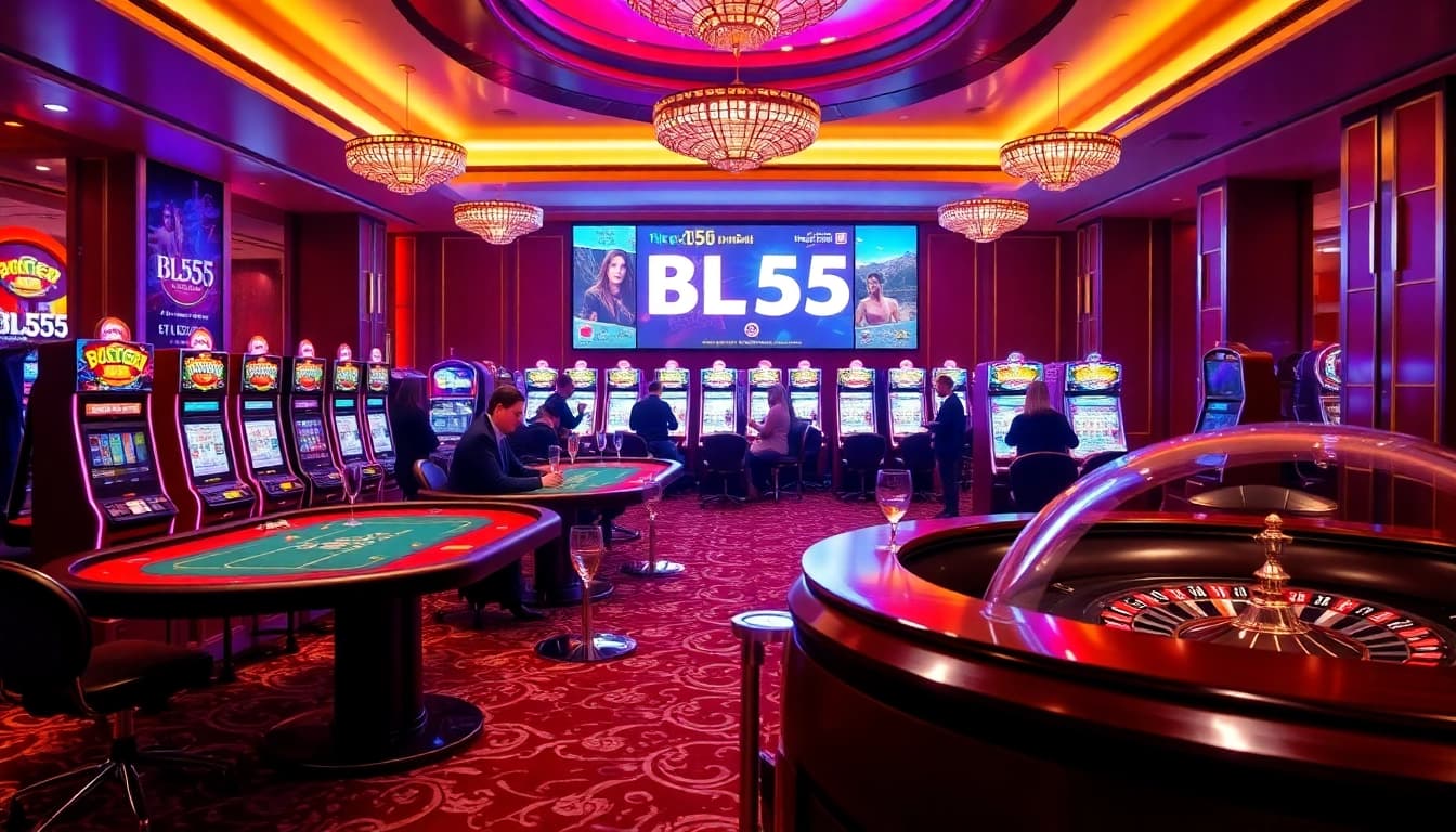 Experience high-stakes excitement at BL555 casino with vibrant slot machines and poker tables.