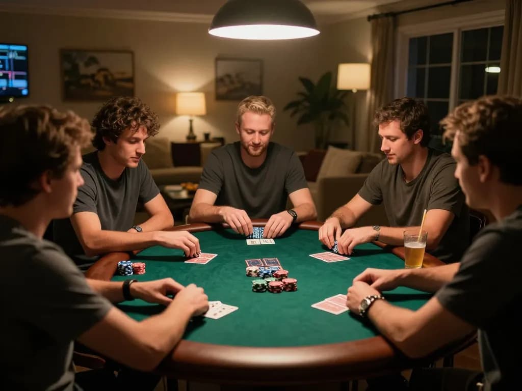 Players enjoying a thrilling Texas Hold'em game at home with god55 poker chips and cards visible, creating a vibrant social atmosphere