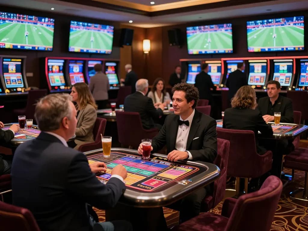 NK88 patrons engaging in live sports betting excitement at a luxury casino lounge.
