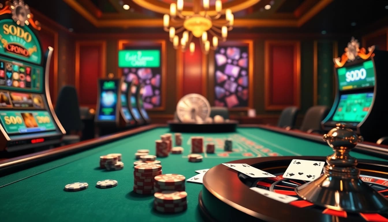 Experience high-stakes excitement at SODO Casino with vibrant casino tables, chips, and cards in action.