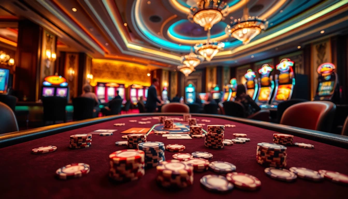 Link Alternatif Katsu5 dengan suasana kasino yang megah dan meja judi yang sibuk.