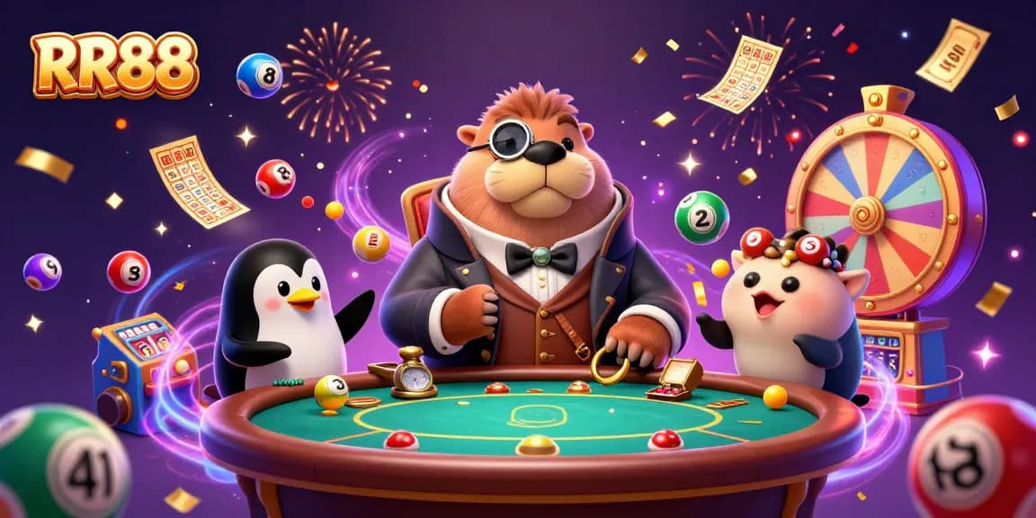 Join the fun at RR88 with exciting games and vibrant action in this dynamic illustration.