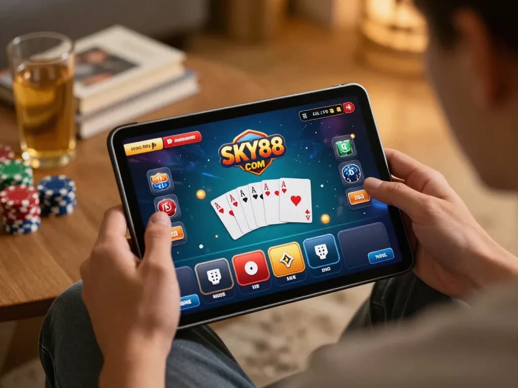 Engaging gameplay at SKY88 com, showing a player strategizing poker bets on a tablet in a cozy home setup