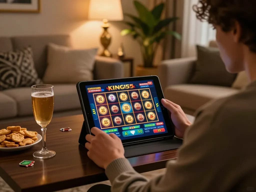 Pemain menikmati slot kasino online KING55 di pengaturan rumah yang nyaman dengan pencahayaan hangat.