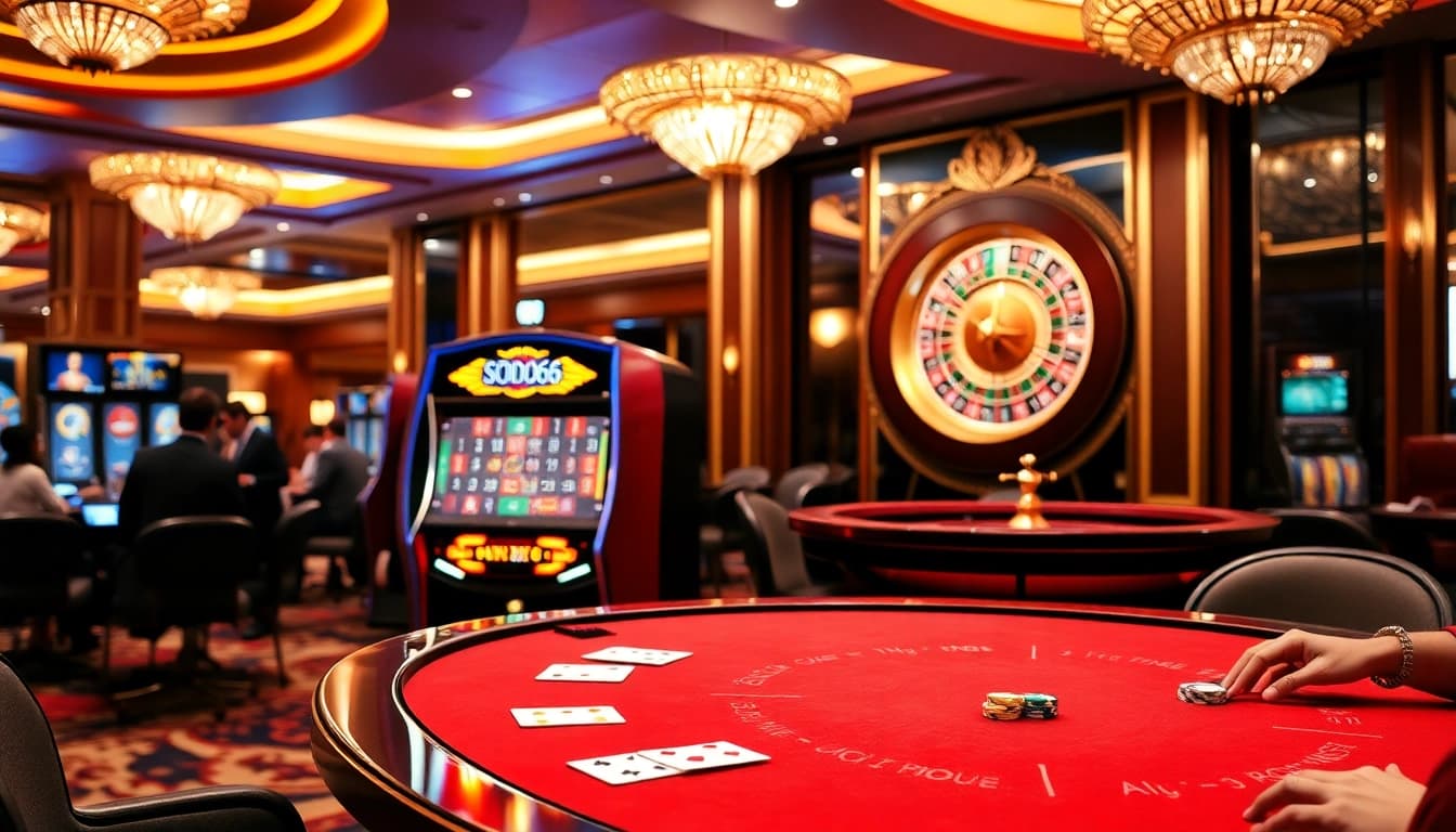 SODO66 players engaging at a luxurious casino table with cards and roulette.