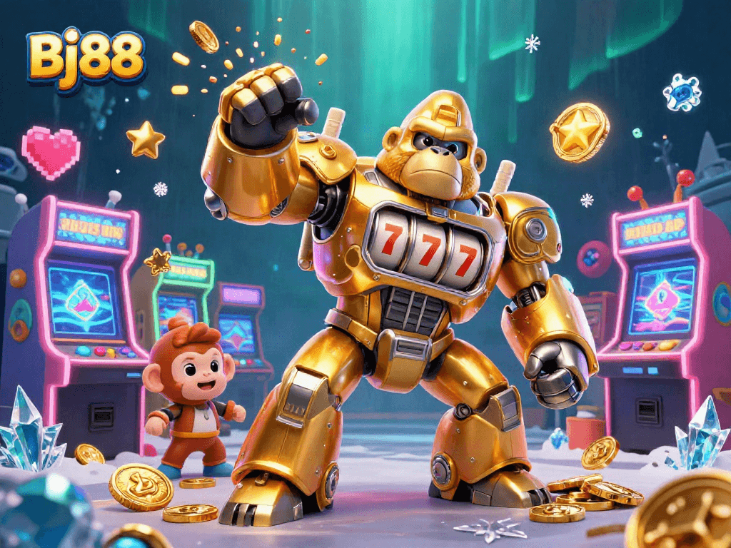 Bj88 unleashes a dynamic golden gorilla mech, surrounded by vibrant casino gaming elements.
