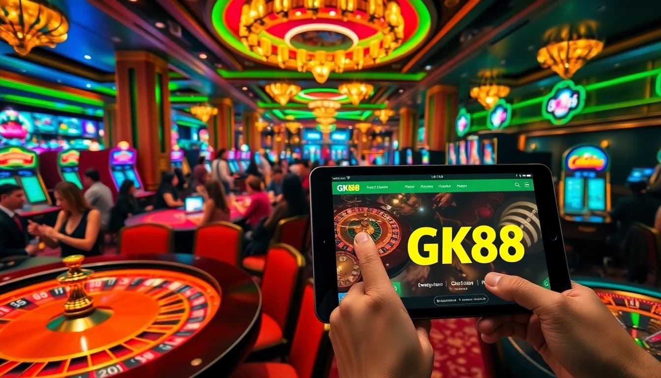 Experience the excitement of gaming at https://gk88.bond/ with a vibrant casino scene showcasing diverse players and engaging action.