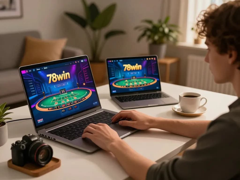 Engaging in exciting gameplay at 78win casino on a modern laptop with a cozy atmosphere.