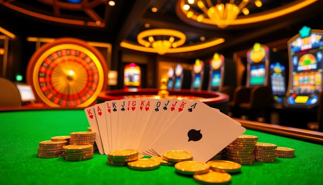 Exciting GG88 casino scene featuring vibrant tables, roulette wheel, and slot machines.