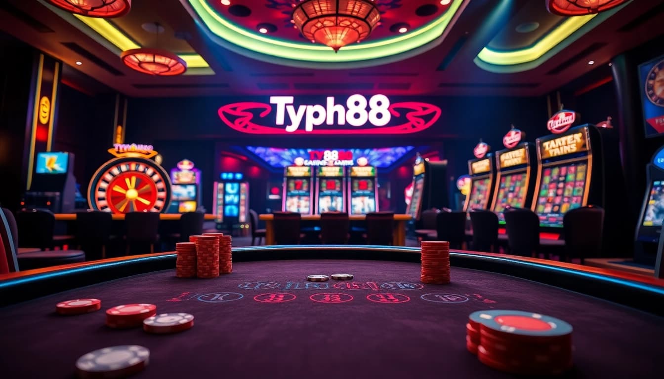 Experience the vibrant energy of Typhu88's casino with a thrilling poker table and roulette wheel atmosphere.