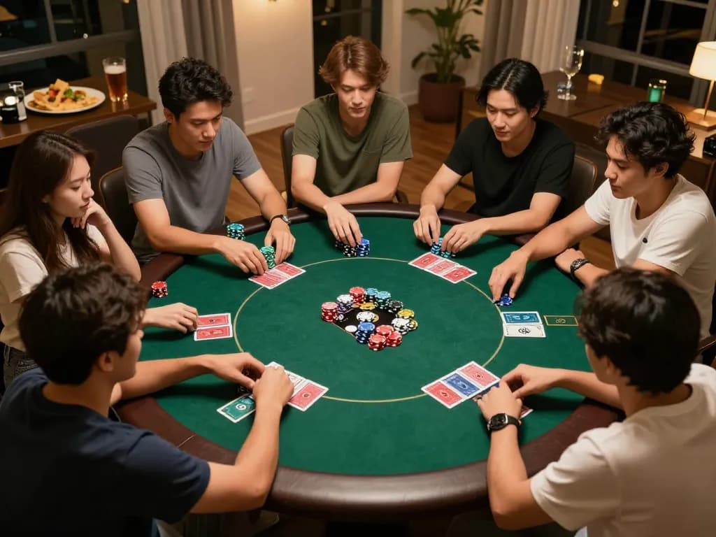 Mega888 players enjoy strategic poker gameplay during a friendly home game night.