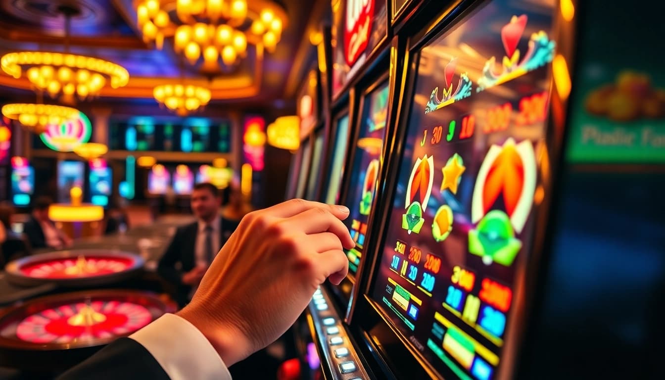 Pemain terlibat dengan mesin slot, menunjukkan kegembiraan dan antisipasi di lingkungan kasino yang semarak.