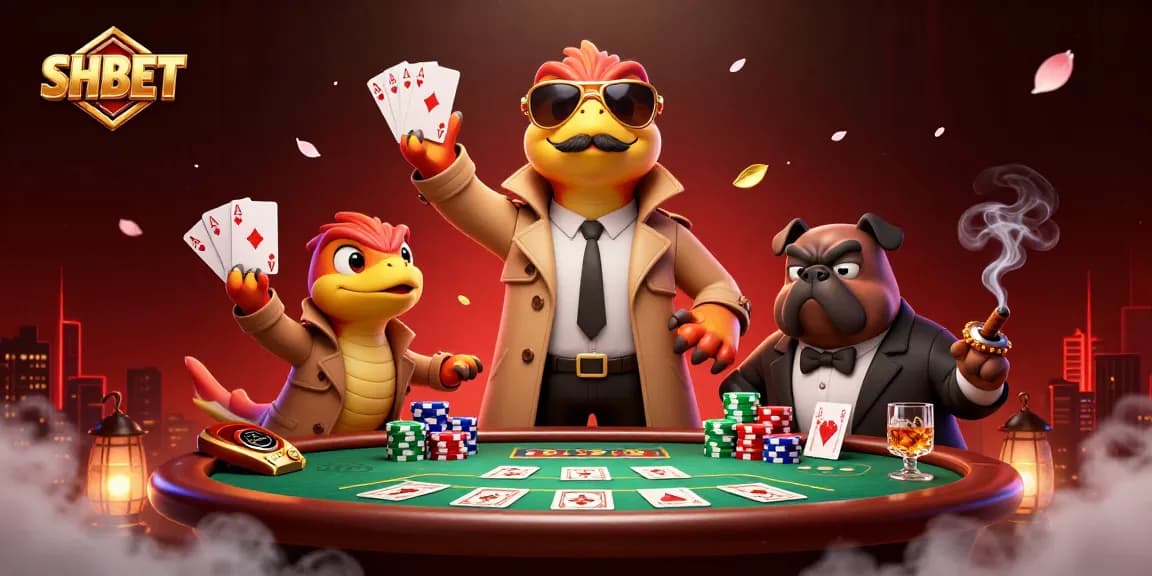 SHBET showcases a humorous scene with raptors in disguise at a casino, enhancing gaming fun.