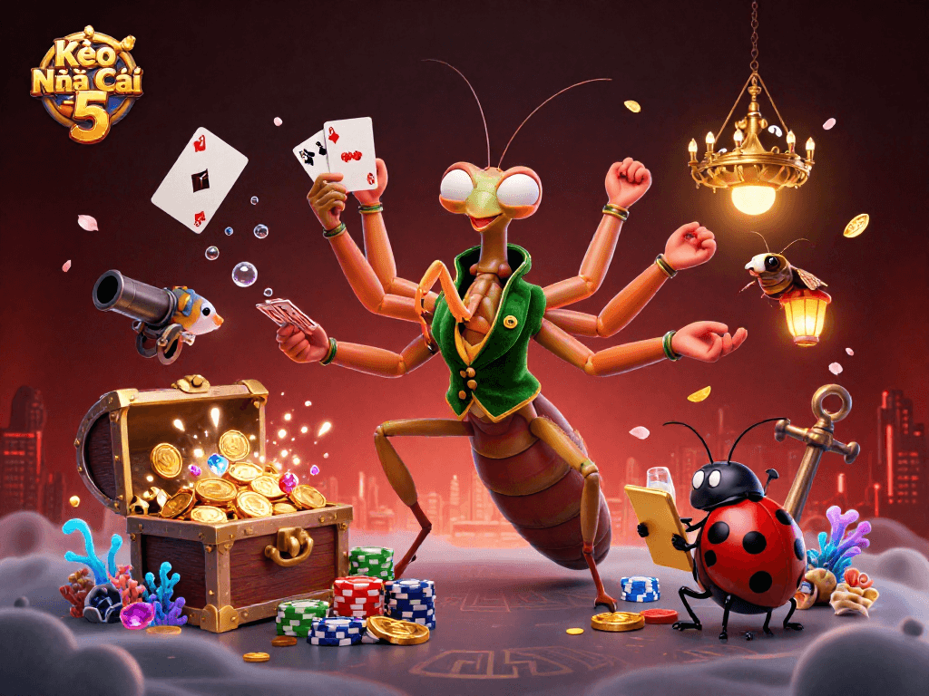 Kèo Nhà Cái 5 showcases a vibrant scene with a giant praying mantis card sharp and ladybug pit boss amidst exciting casino elements.