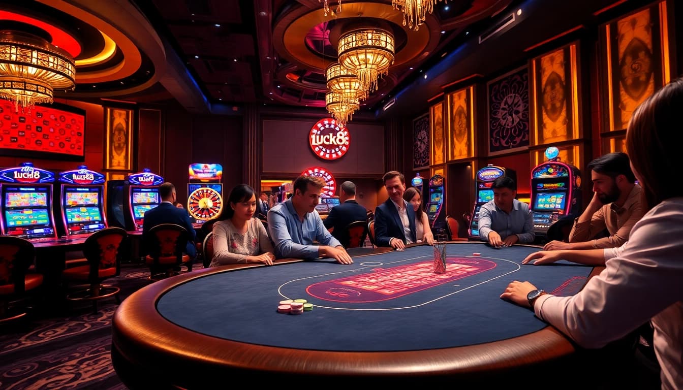 luck8 đăng nhập on a luxurious casino table with vibrant poker chips and roulette wheel excitement.