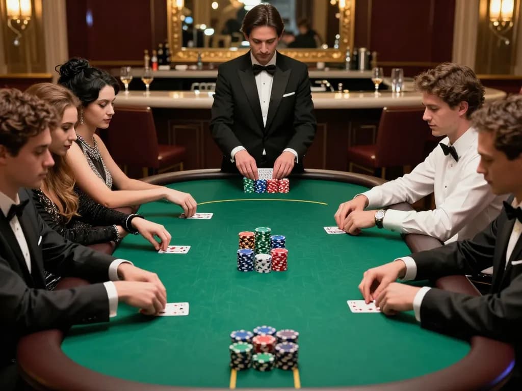 Pemain terlibat dalam permainan poker yang menarik di SURYA999, menampilkan chip yang berwarna-warni dan fokus yang intens.