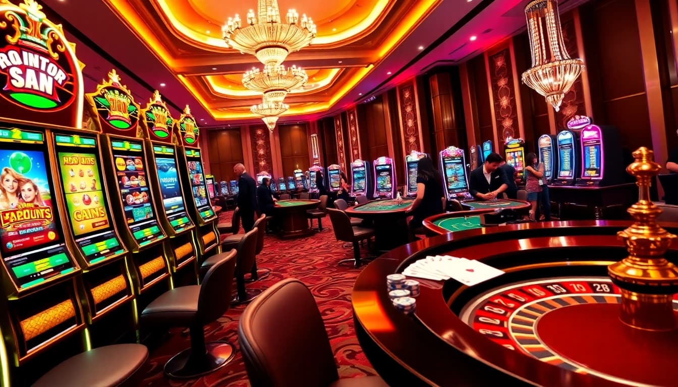 Exciting scene of slot online machines in a vibrant casino setting with players engaging and winning.