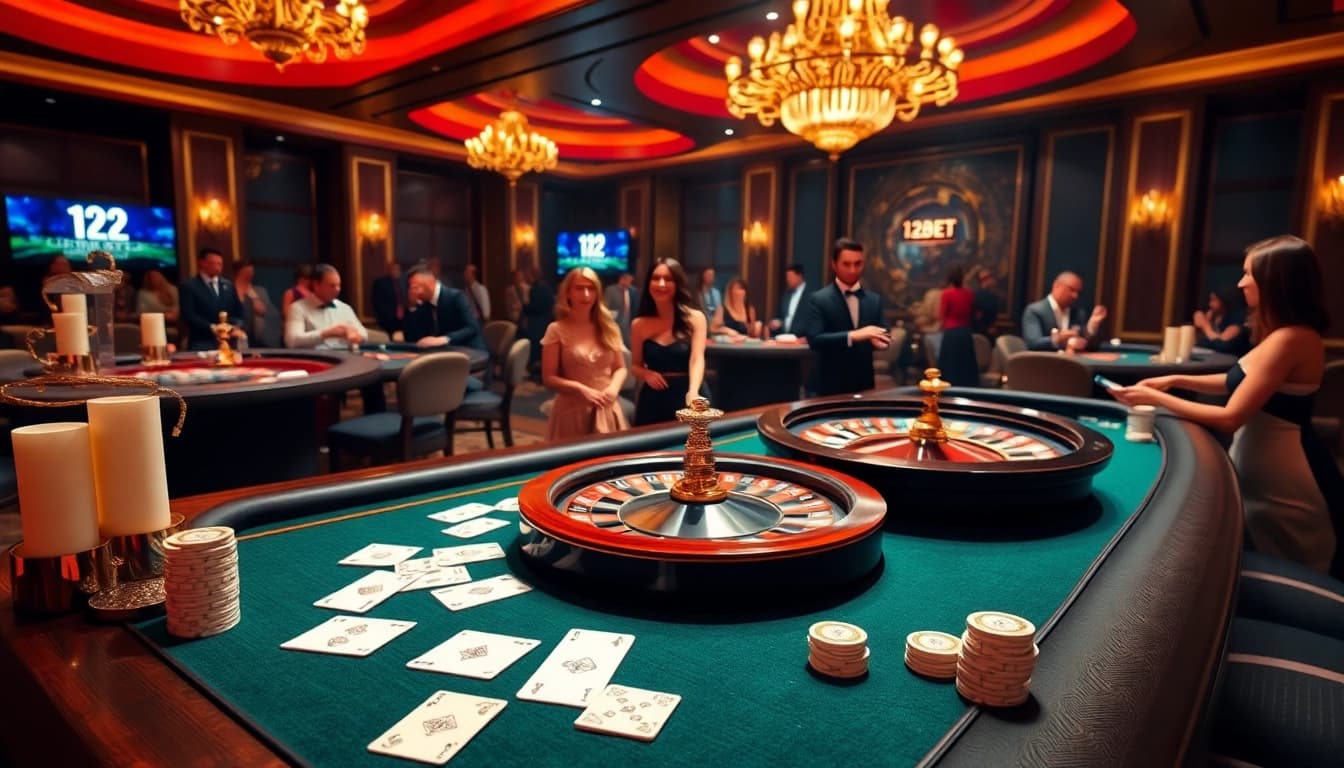 Experience thrilling gameplay at 12BET with exciting poker and roulette tables in a luxury casino setting.