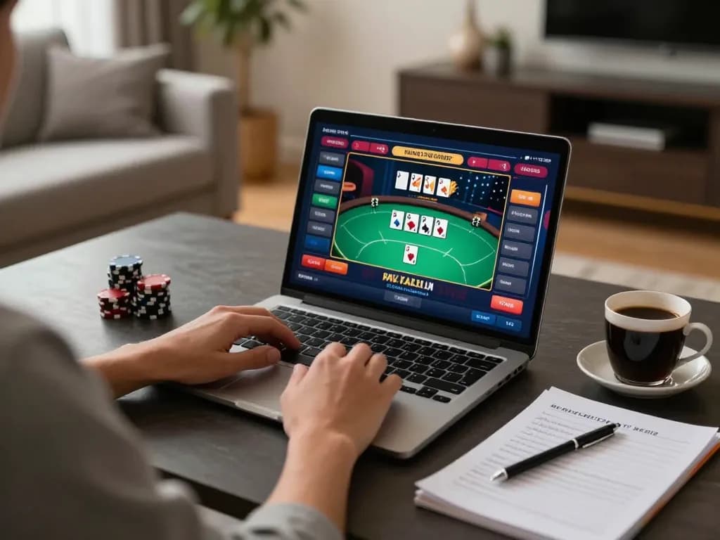 Engaging online gaming moment featuring TG7777 poker action on a laptop with strategy notes.