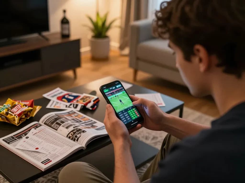 Person analyzing m106 betting odds on smartphone during a home sports betting session
