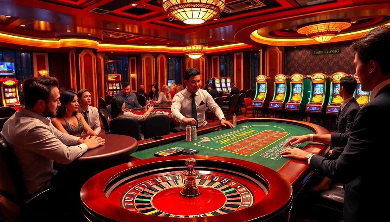 Experience the thrill of gambling at https://rr88.mov/ with a luxurious casino scene showcasing poker tables and slot machines.