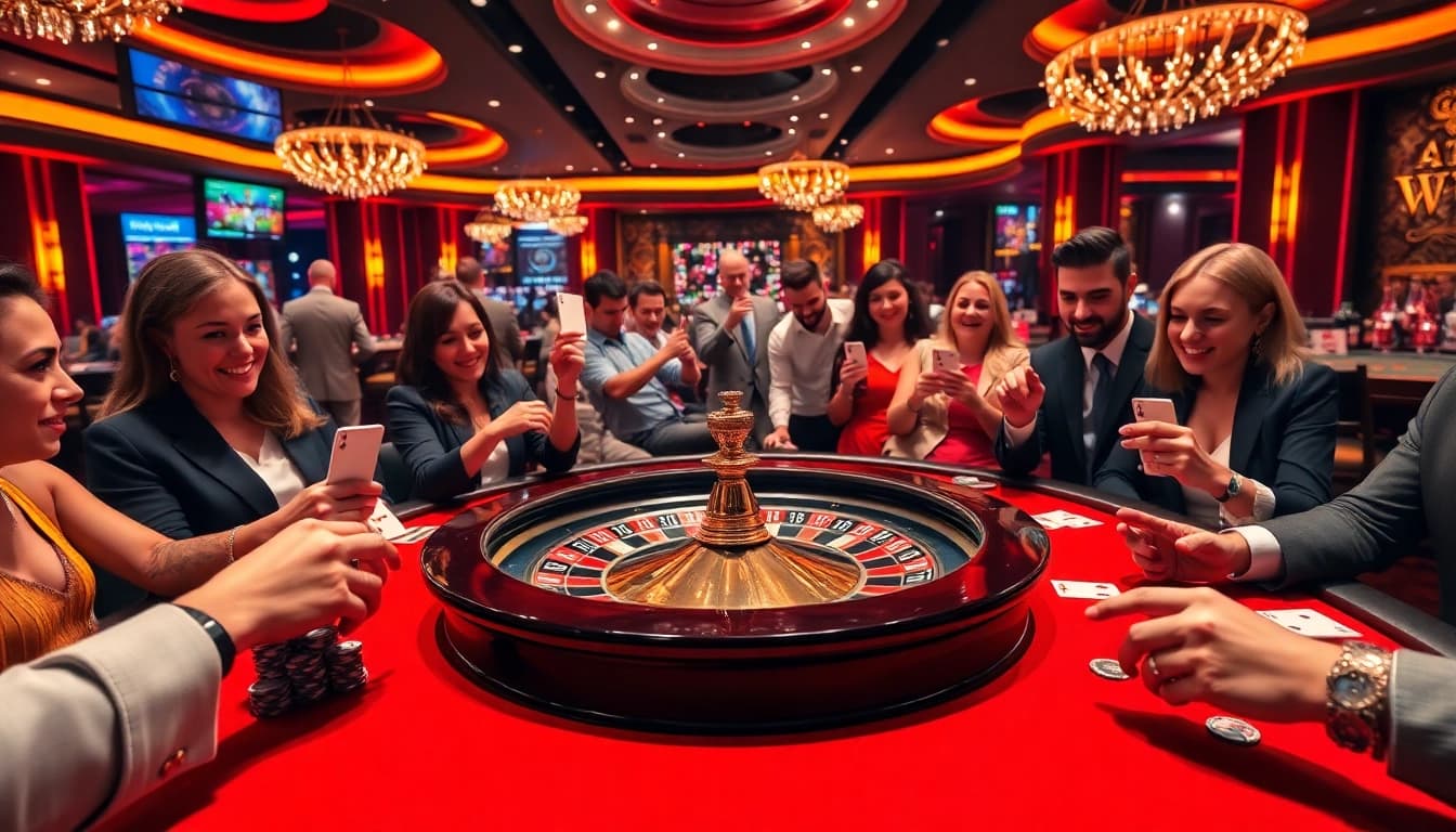 Players enjoying the thrill of gambling at thabet.com, with poker chips and vibrant casino tables.