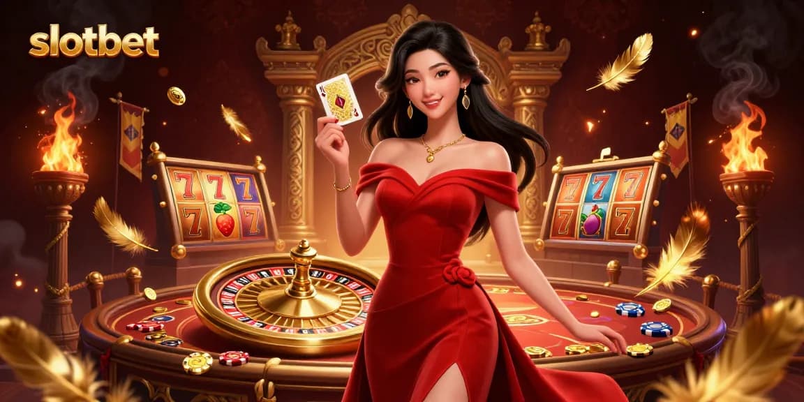 Experience the thrill of slotbet with a glamorous Asian dealer beside a roulette wheel and slot reels.