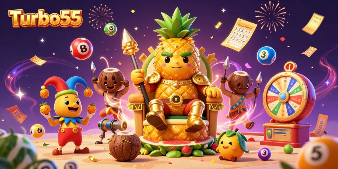 Engage with Turbo55's vibrant beach casino scene featuring a golden pineapple king and lively game elements.