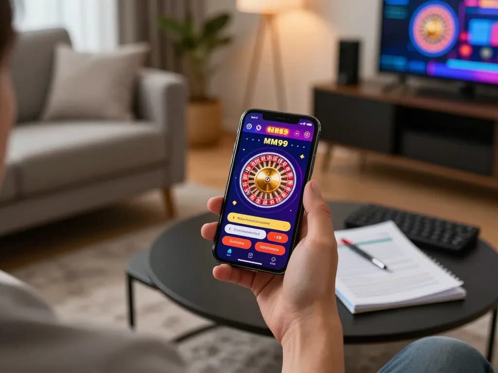 Engaging user strategizing on MM99 mobile app while enjoying a cozy home setting.