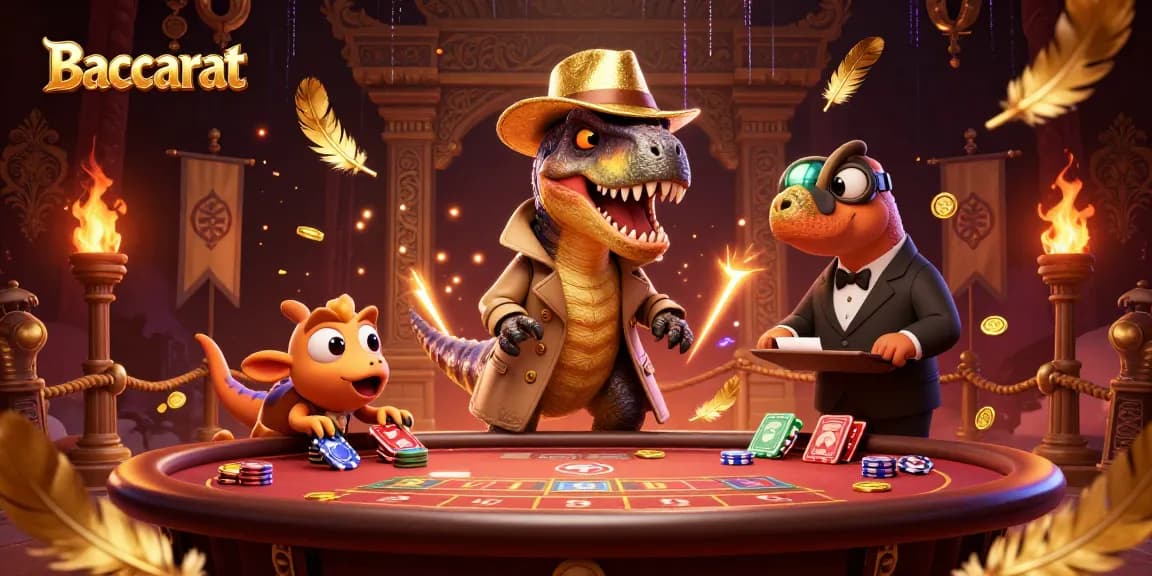 Baccarat game scene with a velociraptor card counter, stegosaurus pit boss, and a sneaky compy stealing chips.