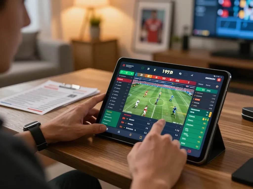 Xo88 player engaging with live sports betting interface on tablet in a modern home office