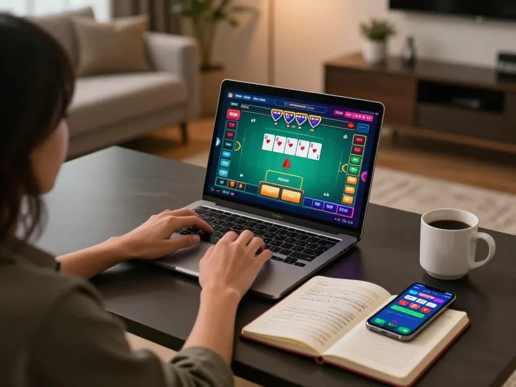 Engaging in online casino gaming on tr88 com with a laptop displaying poker and strategic notes.