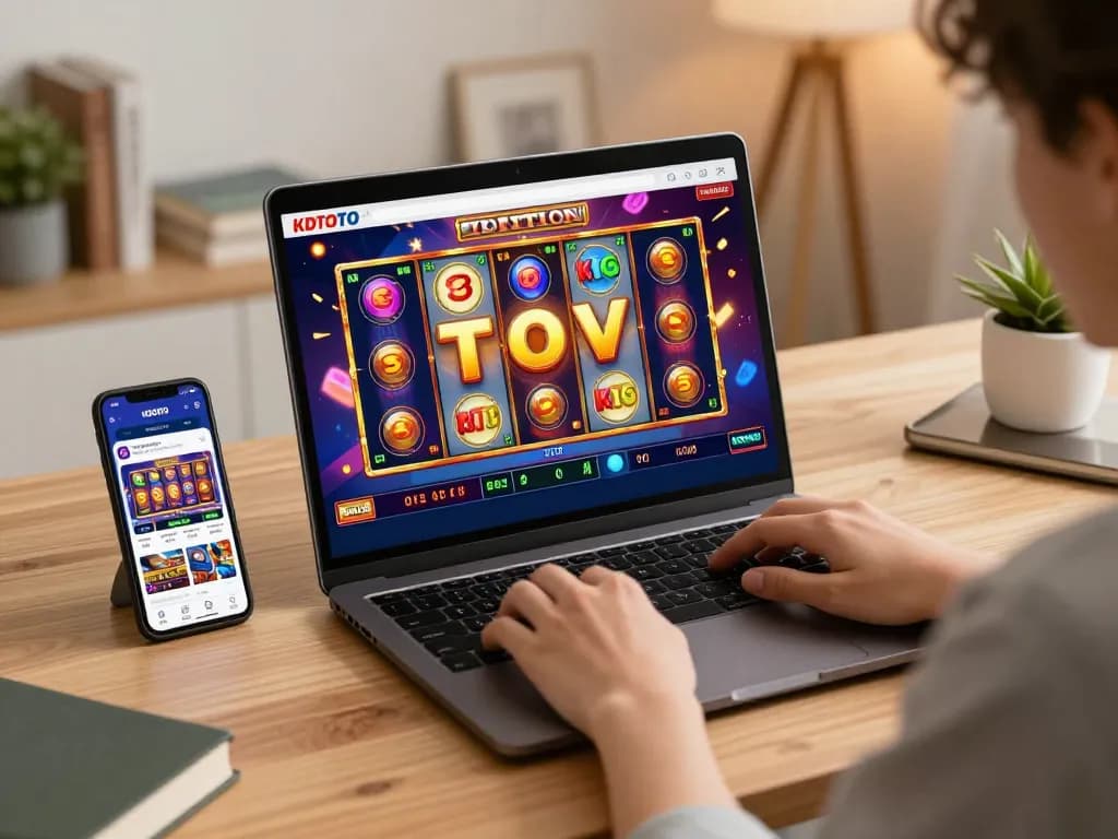 KDTOTO player celebrating big wins on a colorful slot game while gambling at home.