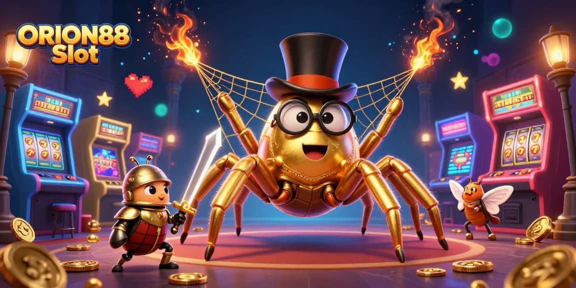 Experience the thrill of ORION88 Slot with a vibrant casino illustration showcasing a golden tarantula and a brave beetle knight.