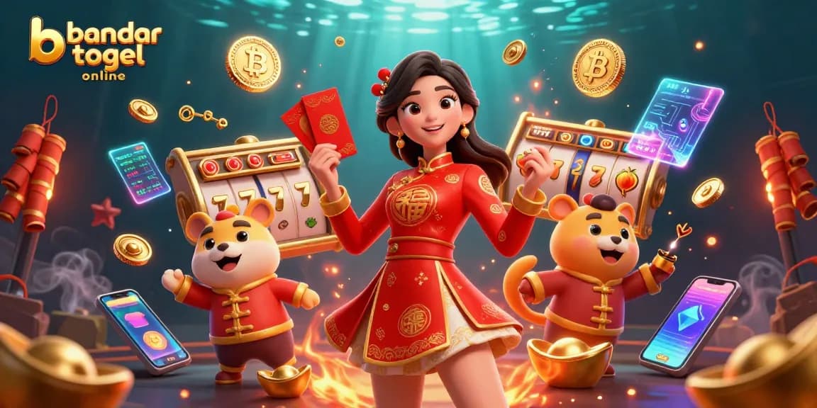 Engage with bandar togel online in this vibrant scene featuring festive elements and casino themes.