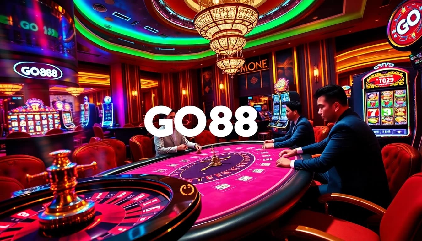 GO88 players at an exciting poker table, showcasing thrilling gambling action in a luxurious casino.