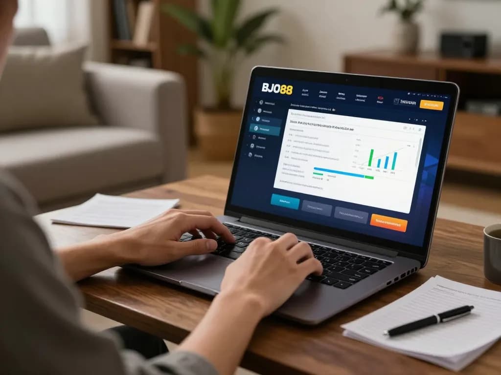 Pemain BJO88 merancang strategi taruhan online dengan laptop di ruang tamu yang nyaman