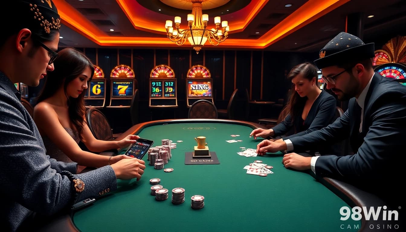 Action shot of intense poker gameplay at 98Win casino table, showcasing vibrant chips and focused players.