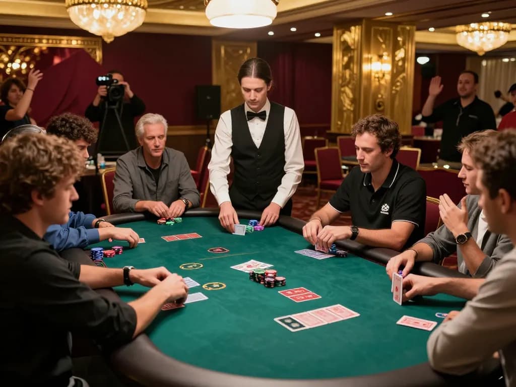 TT88 players strategizing at a luxurious poker table in a vibrant casino atmosphere.